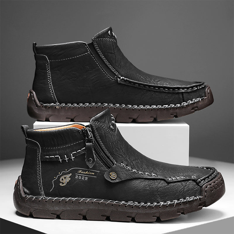 (🎁#6 Best Seller) Men's Top-Quality Motorcycle Boots Hand-Stitched Genuine Leather Boots-Wide Toe, Waterproof, Anti-Slip, Anti-Sprain, Suitable for Work, Driving, Hiking