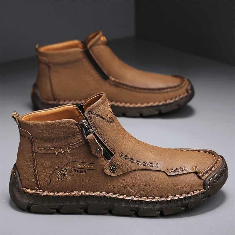 (🎁#6 Best Seller) Men's Top-Quality Motorcycle Boots Hand-Stitched Genuine Leather Boots-Wide Toe, Waterproof, Anti-Slip, Anti-Sprain, Suitable for Work, Driving, Hiking