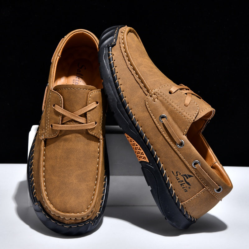 (💥Top Rated Choice)  Men’s Orthopedic Premium Handmade Leather Boat Shoes – Pressure Relief, Waterproof, Slip-Resistant, Wide Toe, Arch&Ankle Support for Everyday & Travel