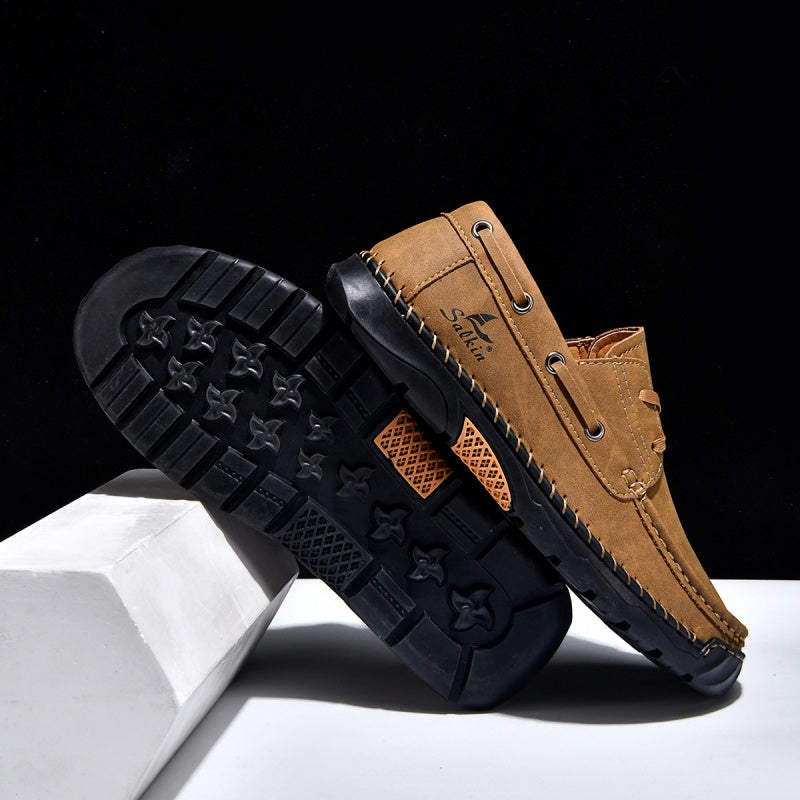 (💥Top Rated Choice)  Men’s Orthopedic Premium Handmade Leather Boat Shoes – Pressure Relief, Waterproof, Slip-Resistant, Wide Toe, Arch&Ankle Support for Everyday & Travel
