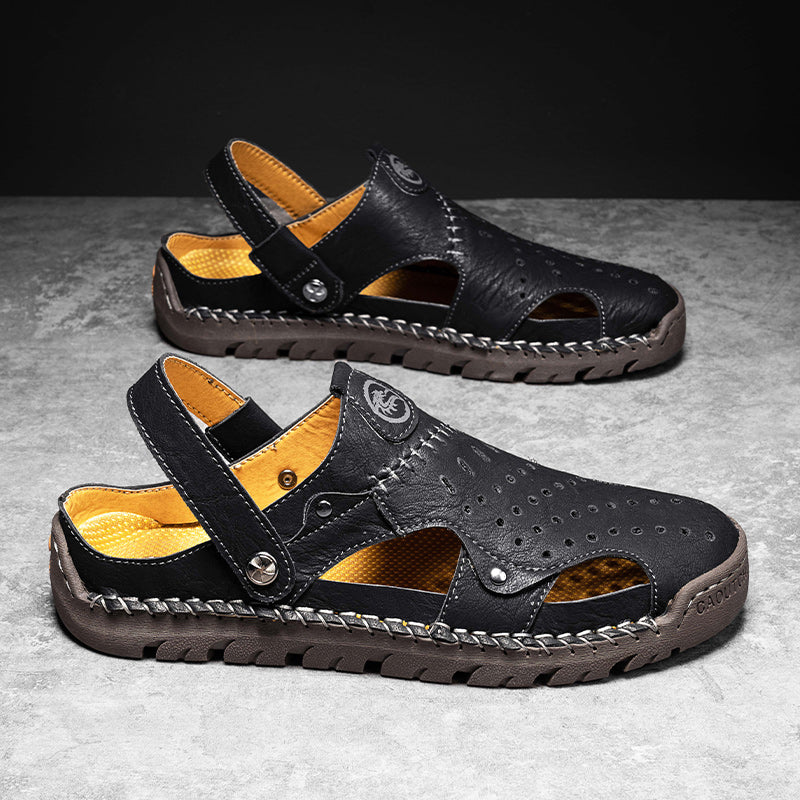 (⏰Limited Time Sale 70% OFF🔥)Men's Full-Grain Leather Sandals – Closed-Toe, Adjustable for Fishing & Gardening