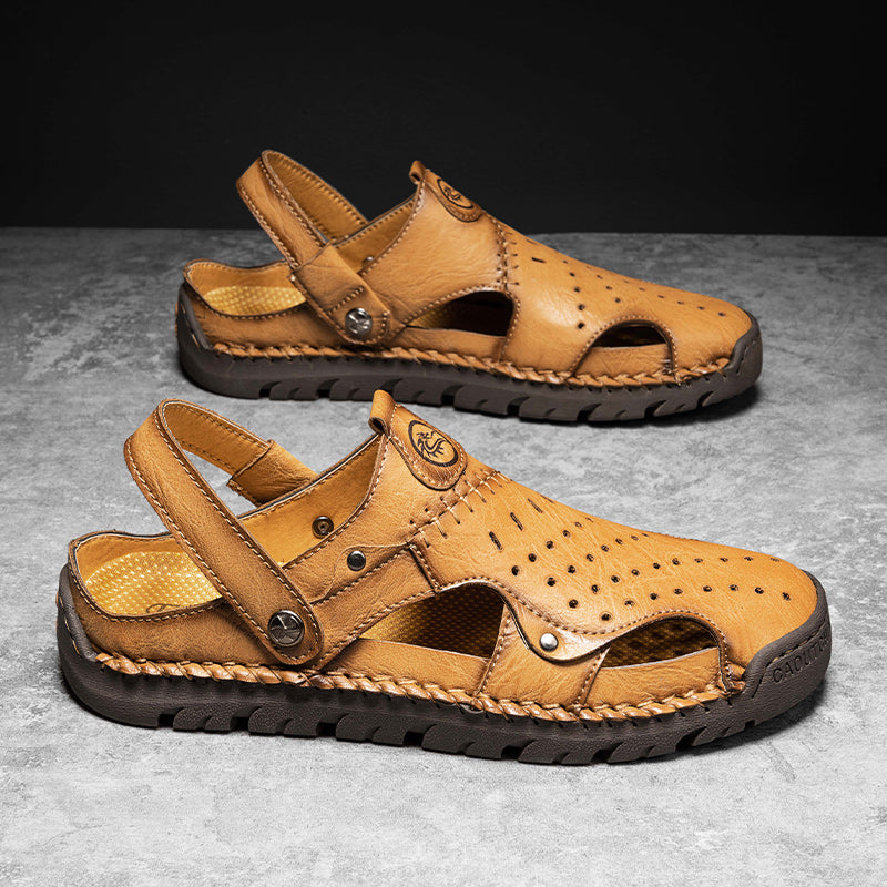 (⏰Limited Time Sale 70% OFF🔥)Men's Full-Grain Leather Sandals – Closed-Toe, Adjustable for Fishing & Gardening