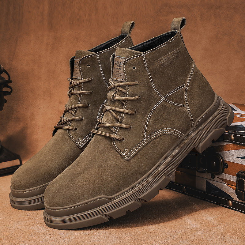 Men’s Leather Work Chukka Boots, Hand-Stitched Lace-Up Ankle Boots with Waterproof Lining, Non-Slip/Oil-Resistant Sole, Arch Support
