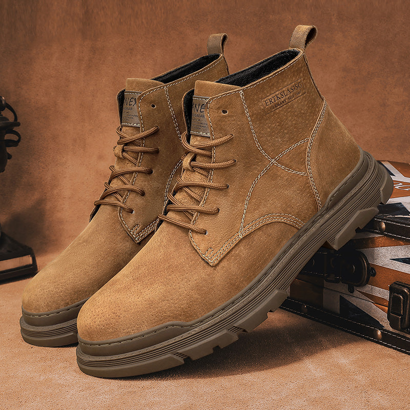Men’s Leather Work Chukka Boots, Hand-Stitched Lace-Up Ankle Boots with Waterproof Lining, Non-Slip/Oil-Resistant Sole, Arch Support