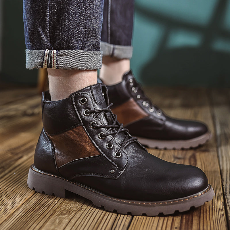 Mens Vintage Leather Ankle Boots, Hand-Stitched Lace-Up Work Boots with Arch Support, Non-Slip Lug Sole Casual Hiking Walking Chukka Boots