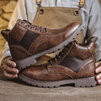 Mens Vintage Leather Ankle Boots, Hand-Stitched Lace-Up Work Boots with Arch Support, Non-Slip Lug Sole Casual Hiking Walking Chukka Boots