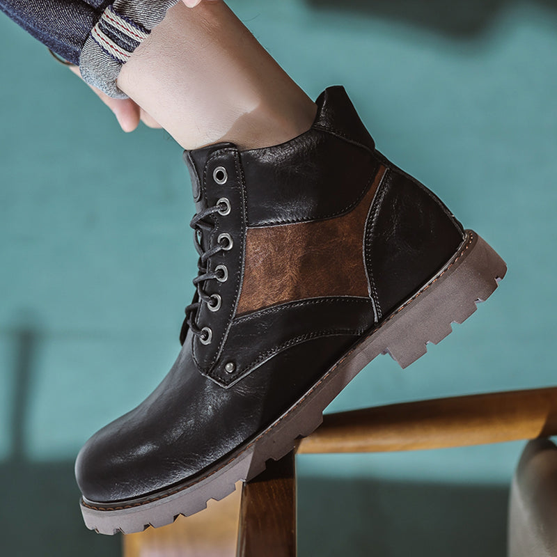 Mens Vintage Leather Ankle Boots, Hand-Stitched Lace-Up Work Boots with Arch Support, Non-Slip Lug Sole Casual Hiking Walking Chukka Boots