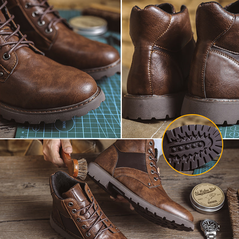 Mens Vintage Leather Ankle Boots, Hand-Stitched Lace-Up Work Boots with Arch Support, Non-Slip Lug Sole Casual Hiking Walking Chukka Boots