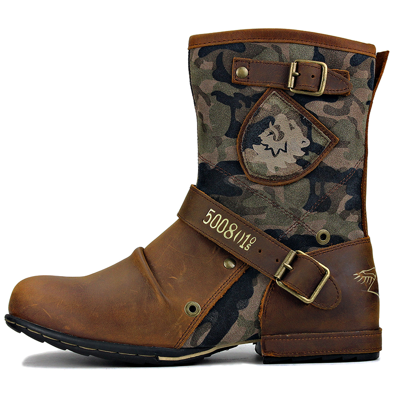 Men’s Vintage Outdoor Moto Work Boots — Handcrafted Stitching, Waterproof Leather & Slip-Resistant Traction