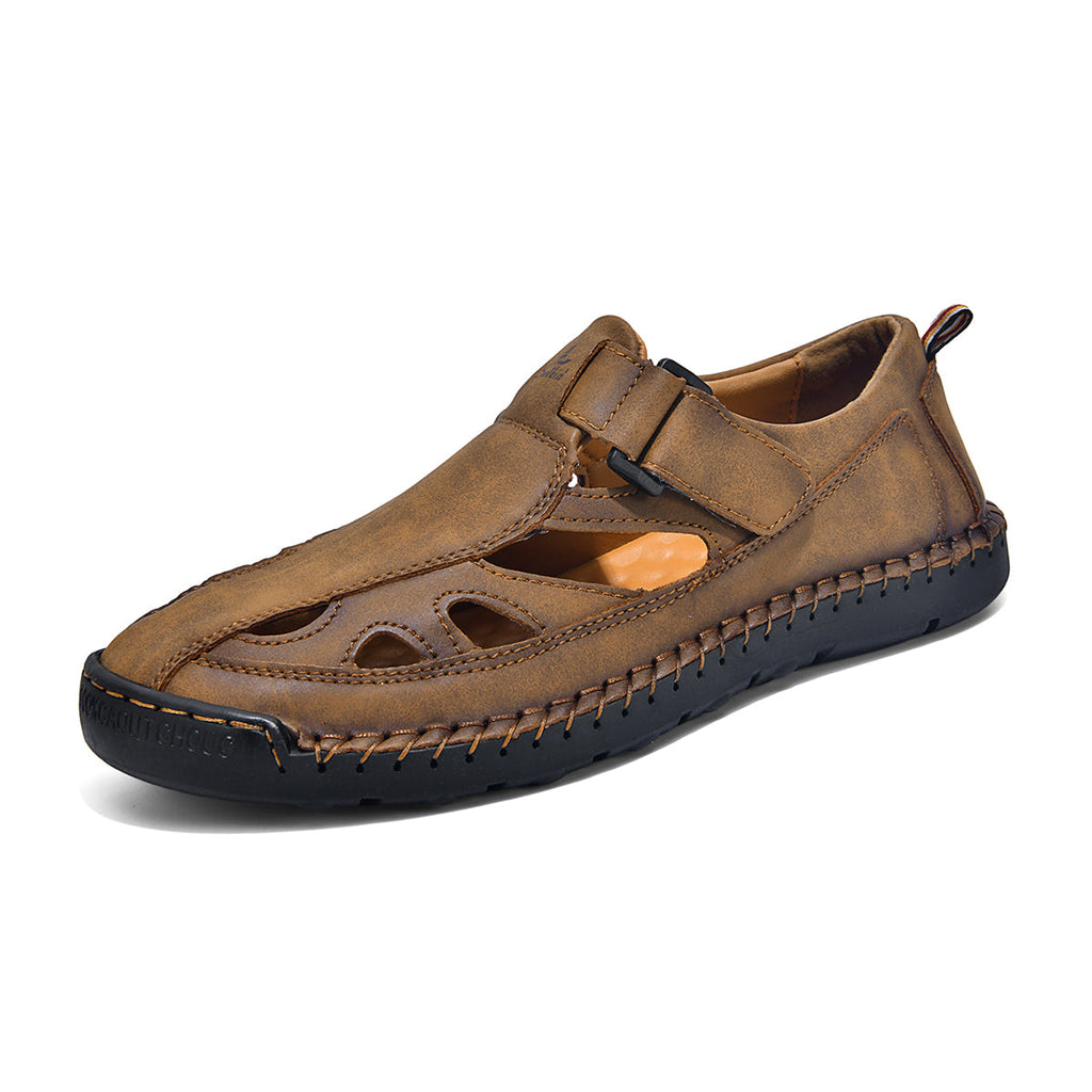 Men's Genuine Leather Sandals - Velcro Strap, Easy Adjust, Wide Toe Box with Arch Support