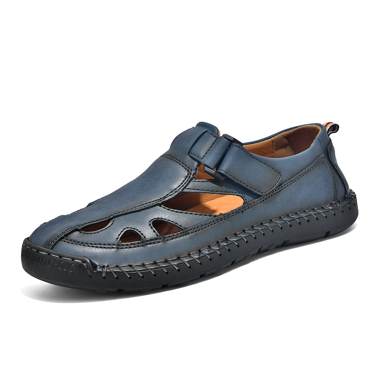 Men's Genuine Leather Sandals - Velcro Strap, Easy Adjust, Wide Toe Box with Arch Support