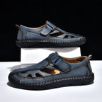 Men's Genuine Leather Sandals - Velcro Strap, Easy Adjust, Wide Toe Box with Arch Support