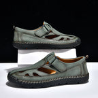 Men's Genuine Leather Sandals - Velcro Strap, Easy Adjust, Wide Toe Box with Arch Support