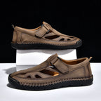 Men's Genuine Leather Sandals - Velcro Strap, Easy Adjust, Wide Toe Box with Arch Support