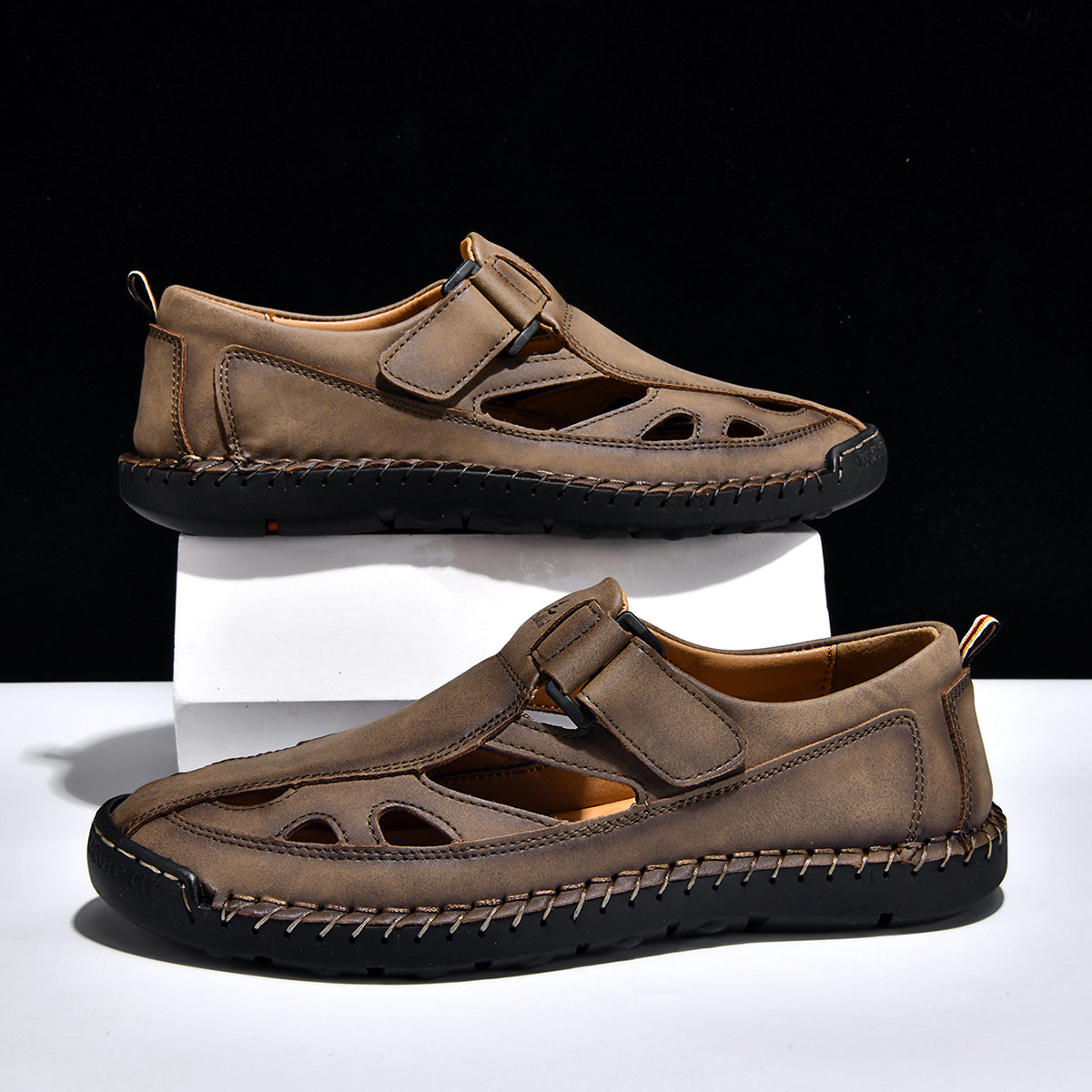 Men's Genuine Leather Sandals - Velcro Strap, Easy Adjust, Wide Toe Box with Arch Support