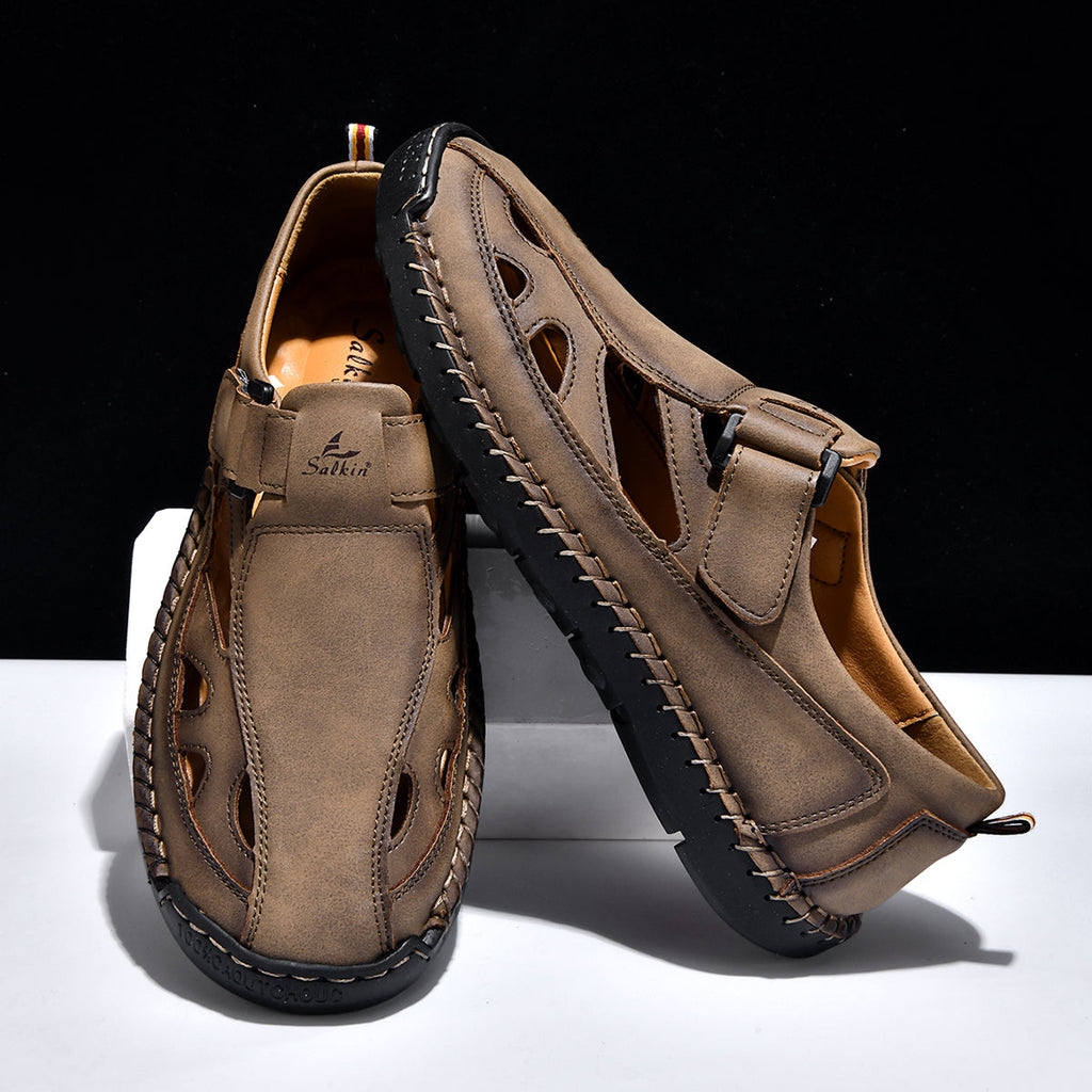 Men's Genuine Leather Sandals - Velcro Strap, Easy Adjust, Wide Toe Box with Arch Support