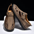 Men's Genuine Leather Sandals - Velcro Strap, Easy Adjust, Wide Toe Box with Arch Support