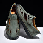 Men's Genuine Leather Sandals - Velcro Strap, Easy Adjust, Wide Toe Box with Arch Support