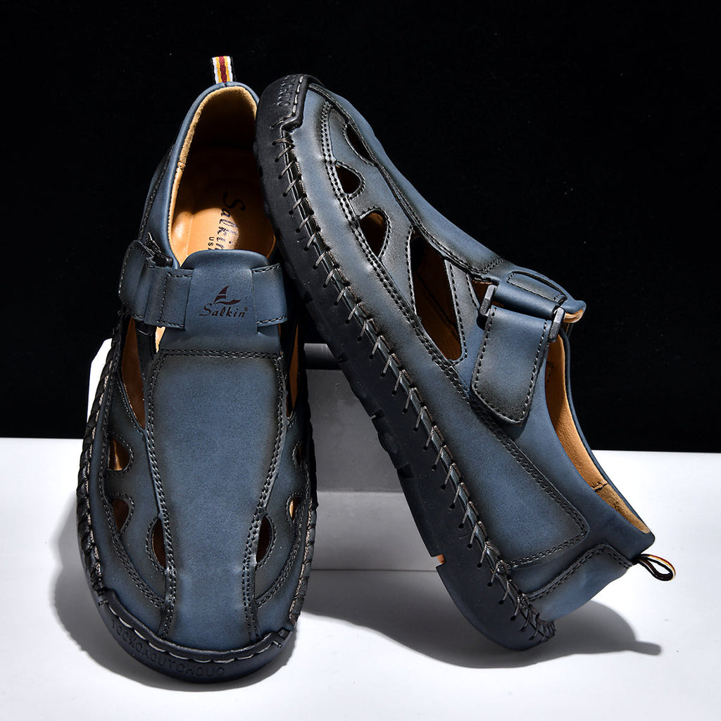 Men's Genuine Leather Sandals - Velcro Strap, Easy Adjust, Wide Toe Box with Arch Support