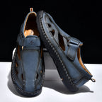 Men's Genuine Leather Sandals - Velcro Strap, Easy Adjust, Wide Toe Box with Arch Support
