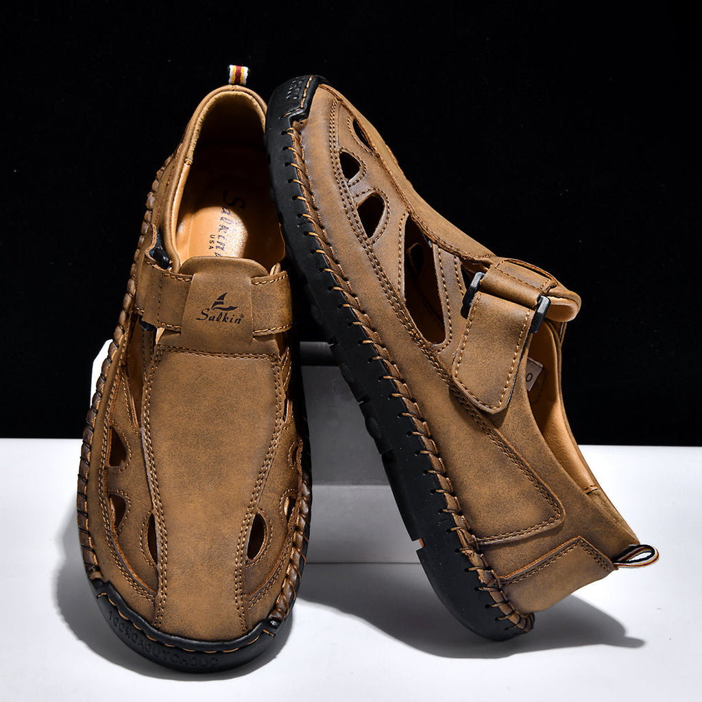Men's Genuine Leather Sandals - Velcro Strap, Easy Adjust, Wide Toe Box with Arch Support