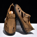 Men's Genuine Leather Sandals - Velcro Strap, Easy Adjust, Wide Toe Box with Arch Support