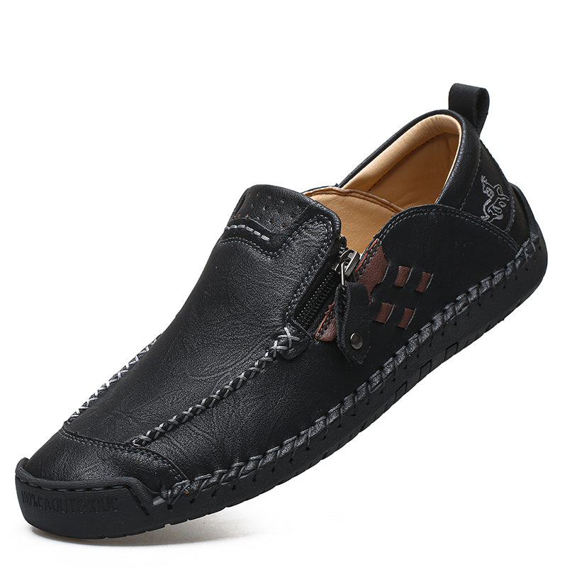 Men's Genuine Leather Walking Shoes - Slip-On, Waterproof, Wide Toe Box with Arch Support
