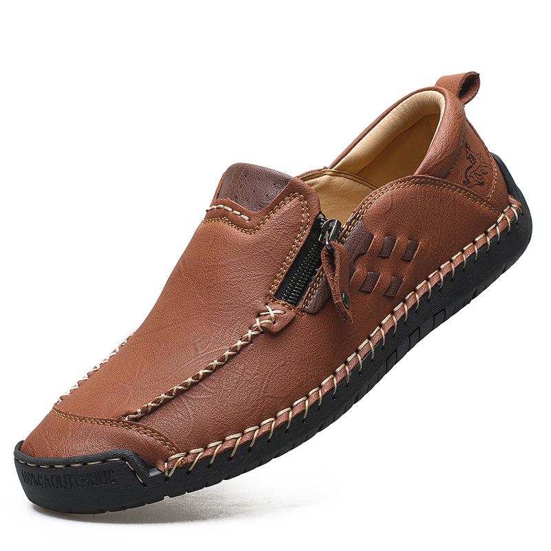Men's Genuine Leather Walking Shoes - Slip-On, Waterproof, Wide Toe Box with Arch Support