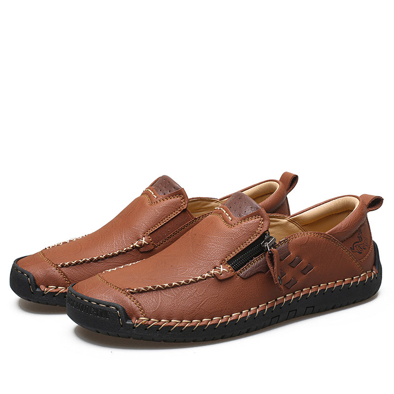 Men's Genuine Leather Walking Shoes - Slip-On, Waterproof, Wide Toe Box with Arch Support
