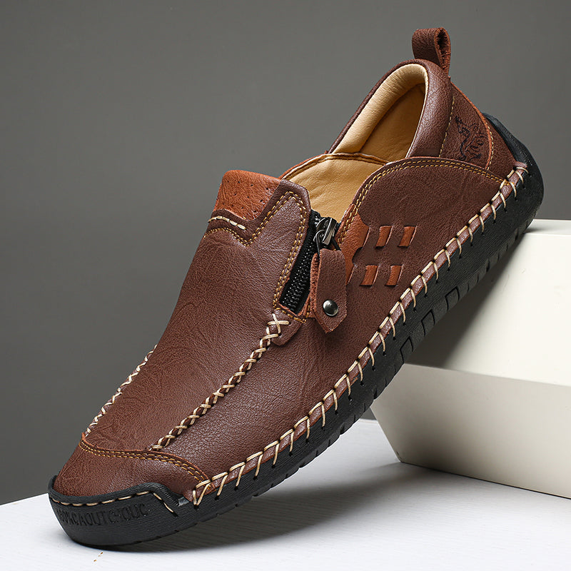 Men's Genuine Leather Walking Shoes - Slip-On, Waterproof, Wide Toe Box with Arch Support