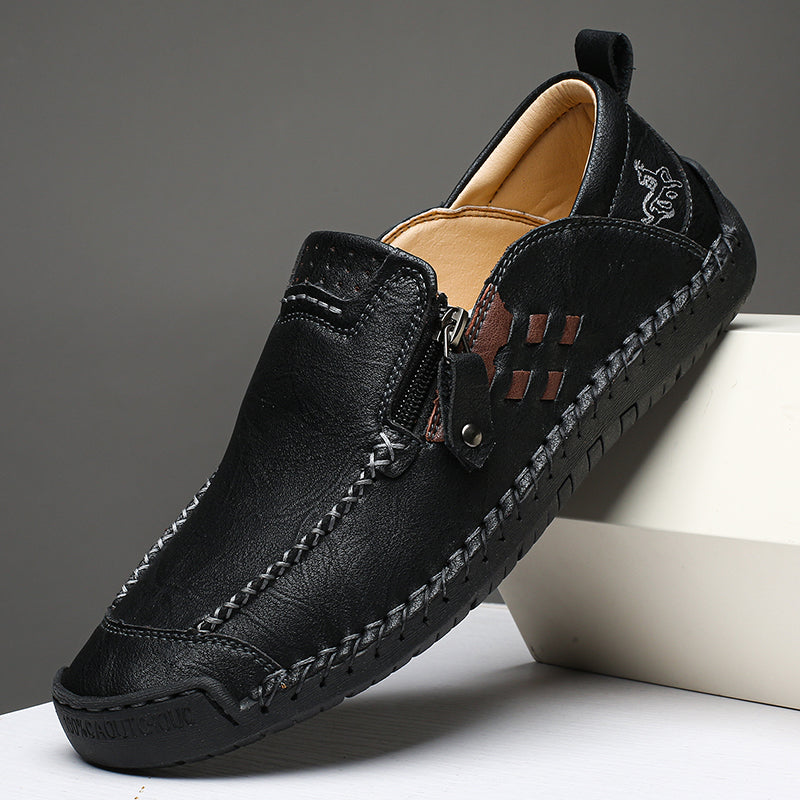 Men's Genuine Leather Walking Shoes - Slip-On, Waterproof, Wide Toe Box with Arch Support