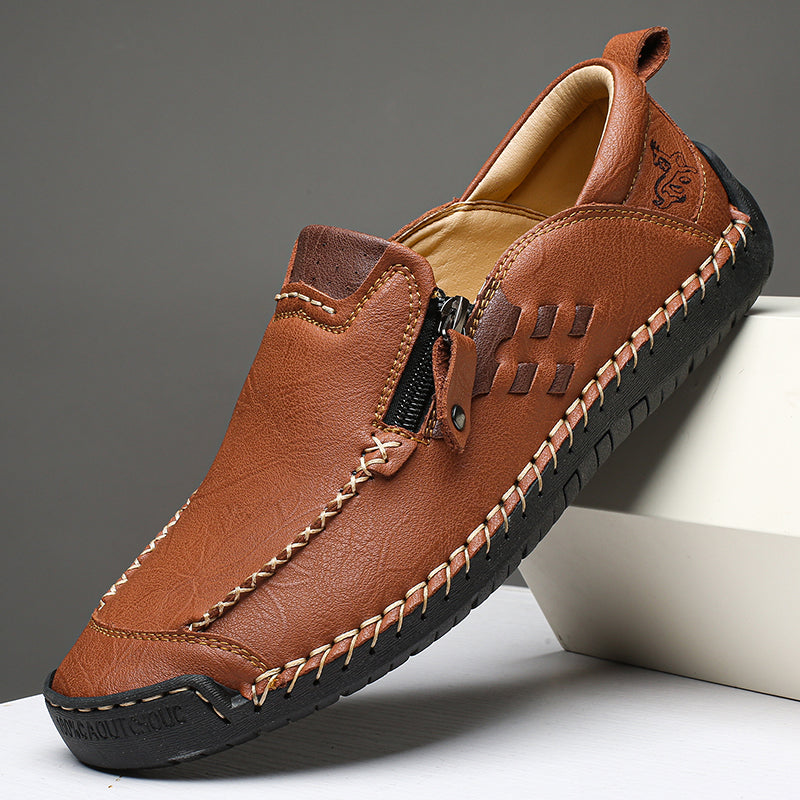 Men's Genuine Leather Walking Shoes - Slip-On, Waterproof, Wide Toe Box with Arch Support