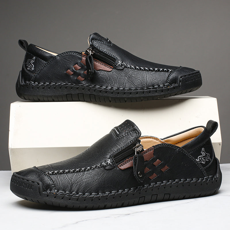 Men's Genuine Leather Walking Shoes - Slip-On, Waterproof, Wide Toe Box with Arch Support