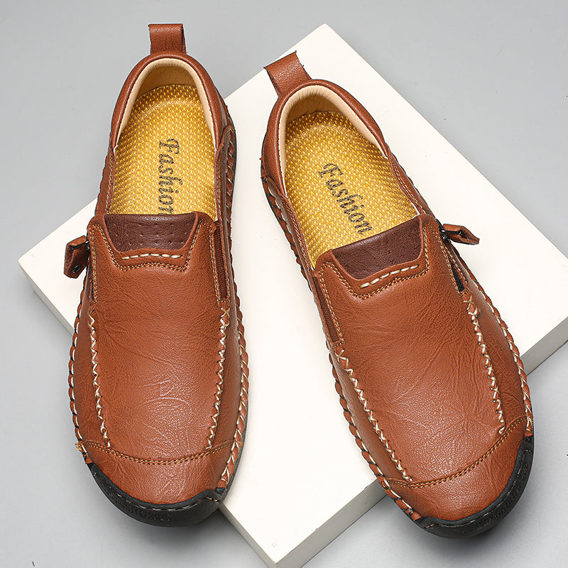 Men's Genuine Leather Walking Shoes - Slip-On, Waterproof, Wide Toe Box with Arch Support