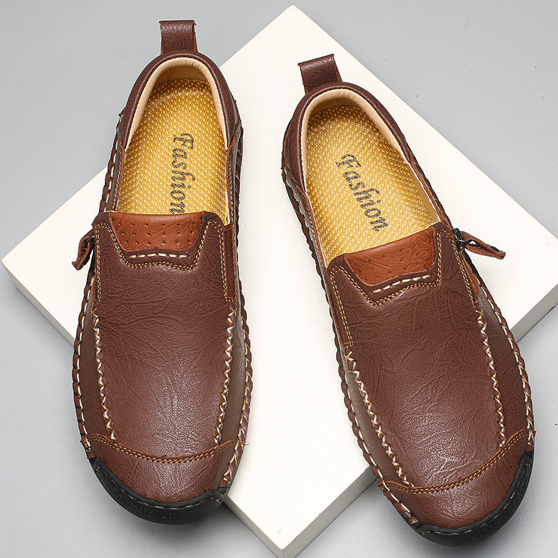 Men's Genuine Leather Walking Shoes - Slip-On, Waterproof, Wide Toe Box with Arch Support