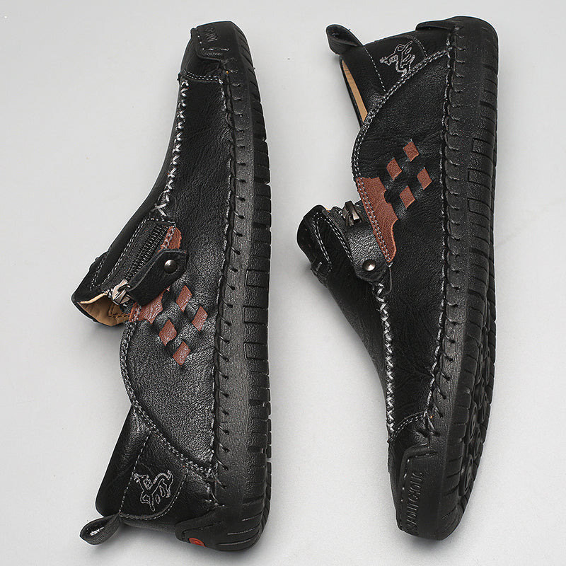 Men's Genuine Leather Walking Shoes - Slip-On, Waterproof, Wide Toe Box with Arch Support