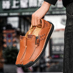 Men's Genuine Leather Walking Shoes - Slip-On, Waterproof, Wide Toe Box with Arch Support