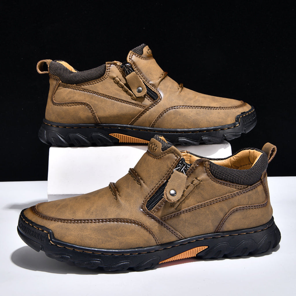 Men's Genuine Leather Casual Boots - Side Zipper, Breathable, Wide Toe Box with Arch Support