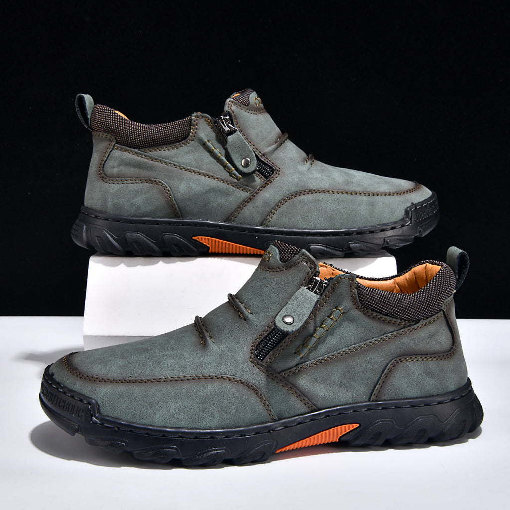 Men's Genuine Leather Casual Boots - Side Zipper, Breathable, Wide Toe Box with Arch Support