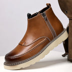 Men's Genuine Leather Casual Boots - Side Zipper, Waterproof, Wide Toe Box with Arch Support