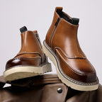 Men's Genuine Leather Casual Boots - Side Zipper, Waterproof, Wide Toe Box with Arch Support