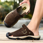 Men's Genuine Leather Sandals - Slip-On, Breathable, Wide Toe Box with Arch Support