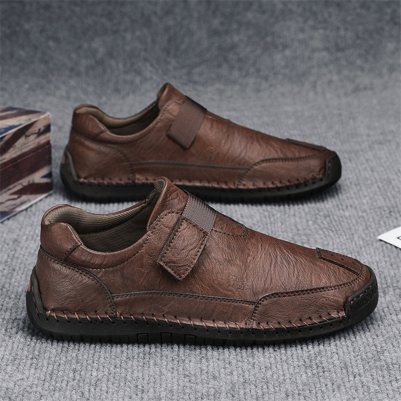 Men's Genuine Leather Walking Shoes - Slip-On, Waterproof, Wide Toe Box with Arch Support