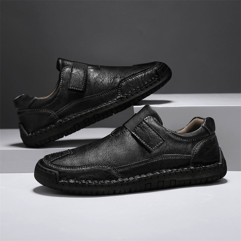 Men's Genuine Leather Walking Shoes - Slip-On, Waterproof, Wide Toe Box with Arch Support