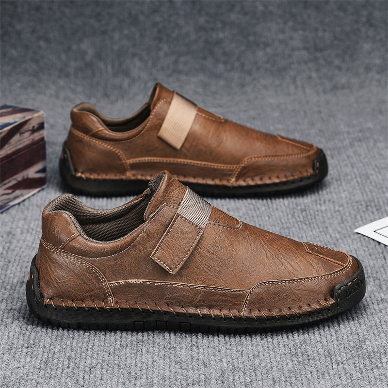 Men's Genuine Leather Walking Shoes - Slip-On, Waterproof, Wide Toe Box with Arch Support