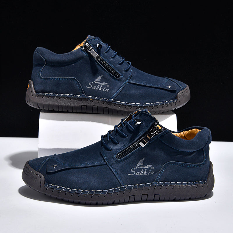 Men's Genuine Leather Suede Casual Boots - Side Zipper, Waterproof, Wide Toe Box with Arch Support