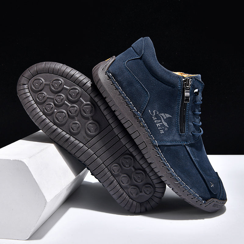 Men's Genuine Leather Suede Casual Boots - Side Zipper, Waterproof, Wide Toe Box with Arch Support