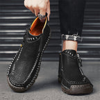 (🎁#6 Best Seller) Men's Top-Quality Motorcycle Boots Hand-Stitched Genuine Leather Boots-Wide Toe, Waterproof, Anti-Slip, Anti-Sprain, Suitable for Work, Driving, Hiking