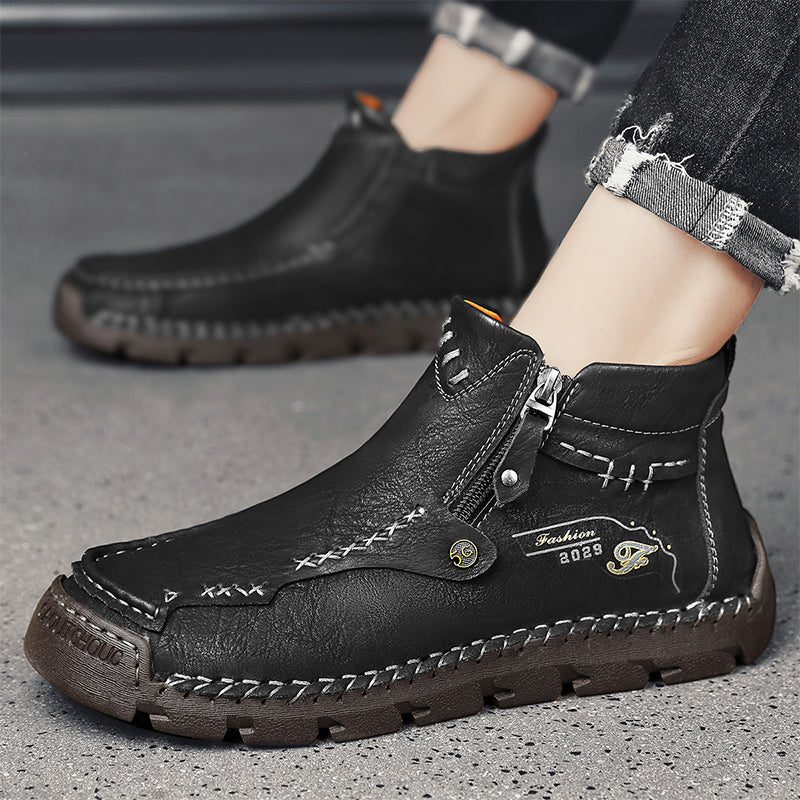 (🎁#6 Best Seller) Men's Top-Quality Motorcycle Boots Hand-Stitched Genuine Leather Boots-Wide Toe, Waterproof, Anti-Slip, Anti-Sprain, Suitable for Work, Driving, Hiking