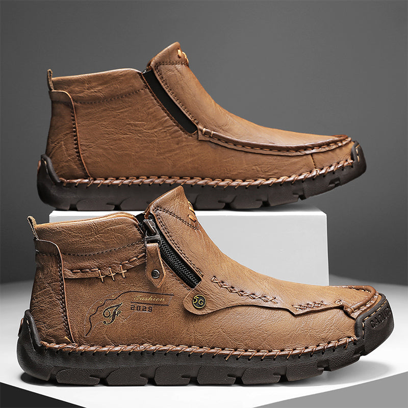 (🎁#6 Best Seller) Men's Top-Quality Motorcycle Boots Hand-Stitched Genuine Leather Boots-Wide Toe, Waterproof, Anti-Slip, Anti-Sprain, Suitable for Work, Driving, Hiking
